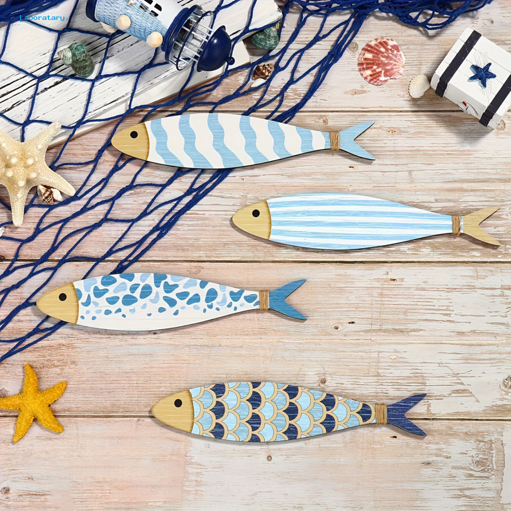 Coastal Cottage Wall Decorations 4 Pcs Blue Wooden Fish Decor Set – Nautical Art for Bathroom Bedroom Lake House Beach