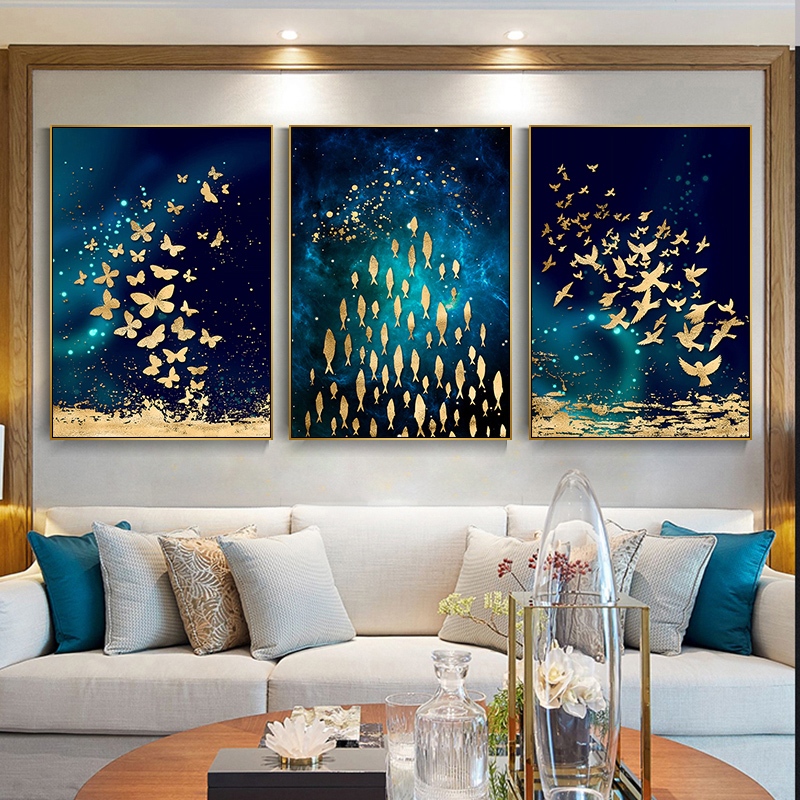 Quadro de 3 peças Estilo nórdico Wall Art Picture, Fita Dourada, Borboleta, Peixe, Pássaro, Tela de Dança, Cartazes e Impressões, Decoração de Casa