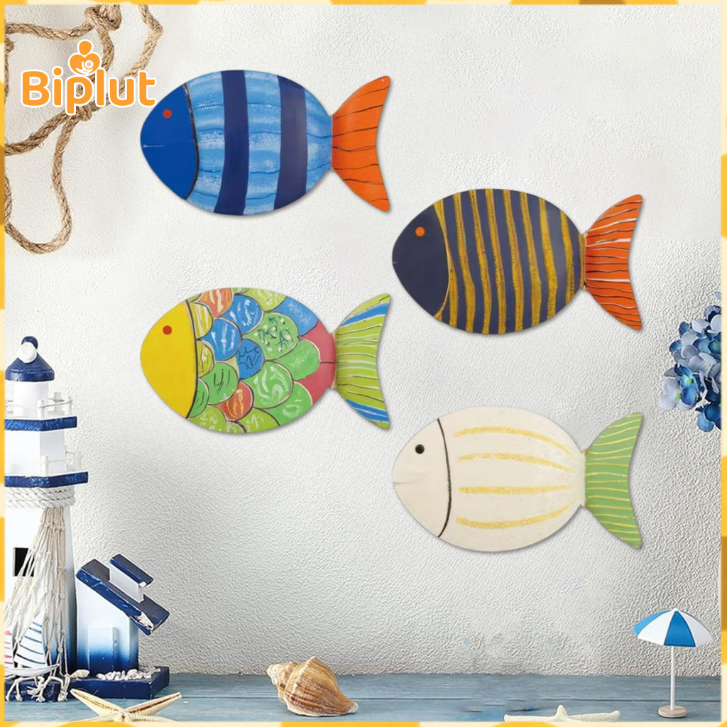Ocean Style Wall Decor Removable Decals 4 Pcs Wooden Fish Set Rustic Nautical Beach Theme Coastal Farmhouse Art for Bath