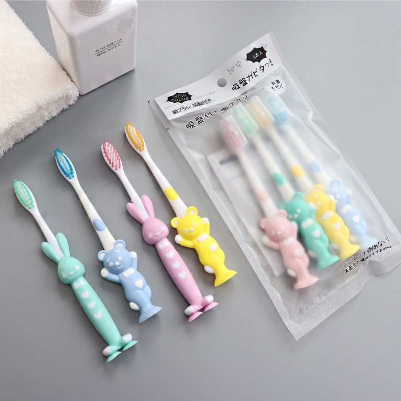 4 Pçs/set Dos Desenhos Animados Escova De Dentes Das Crianças Bambu Pele Macia Silicone Bonito Limpo Cabo Curto