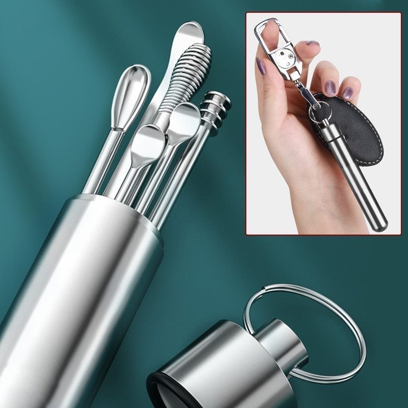 6 Pçs/Set Multifuncional Portátil Orelha Picareta , Espiral De Aço Inoxidável Colher Remoção De Cera De Ouvido Mais Limp