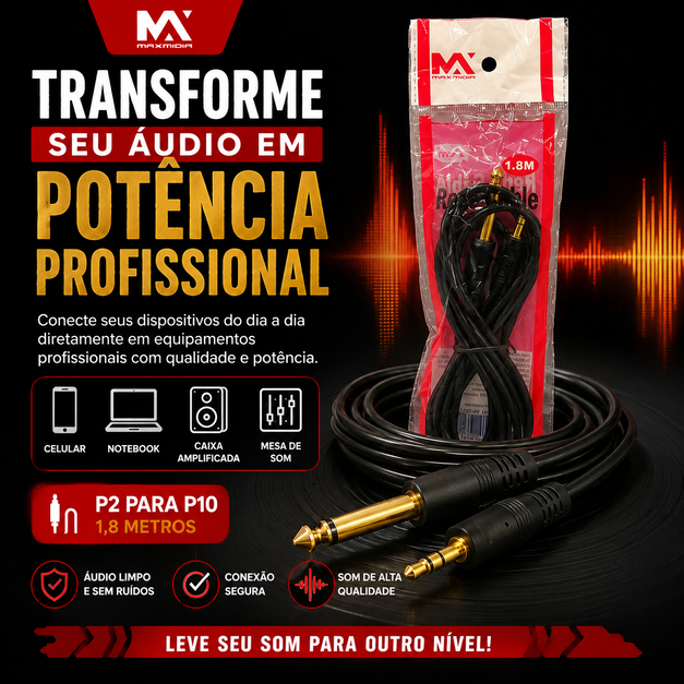 Cabo P2 para P10 1,8m MaxMidia Auxiliar Áudio Alta Fidelidade para Mesa de Som Caixa Amplificada
