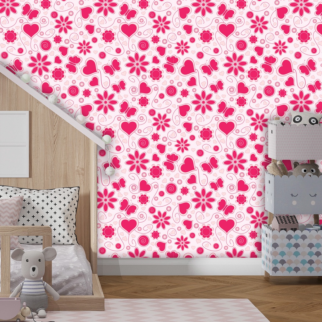 Papel De Parede Adesivo Floral Corações e Flores Tons Rosa Adesivo Lavável para Quarto - Pro Decor