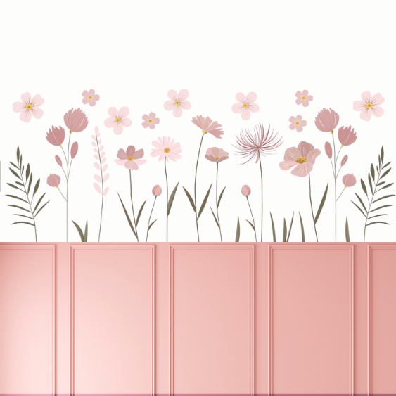 🌸 Kit Adesivos de Parede Jardim Rosa Minimalista – Arte Floral em Tons Pastel Rosa, Decoração para Quarto e Sala