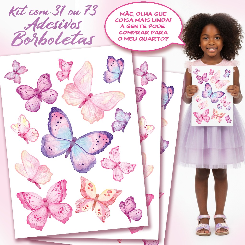 Kit 73 Adesivos de Borboletas, tons rosa e lilás para quarto infantil menina e decoração em geral