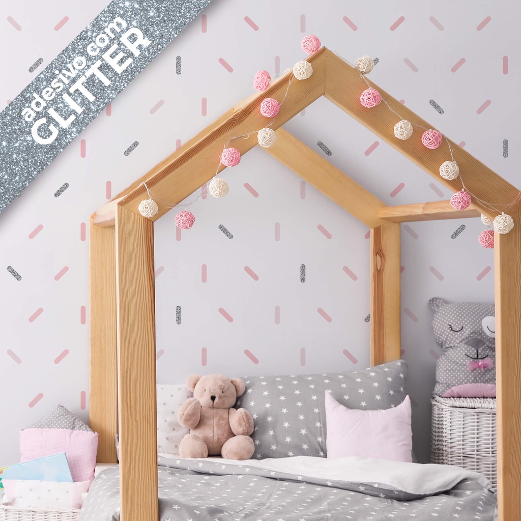 Adesivos de Parede Infantil Confetes tons Rosa Glitter Prata