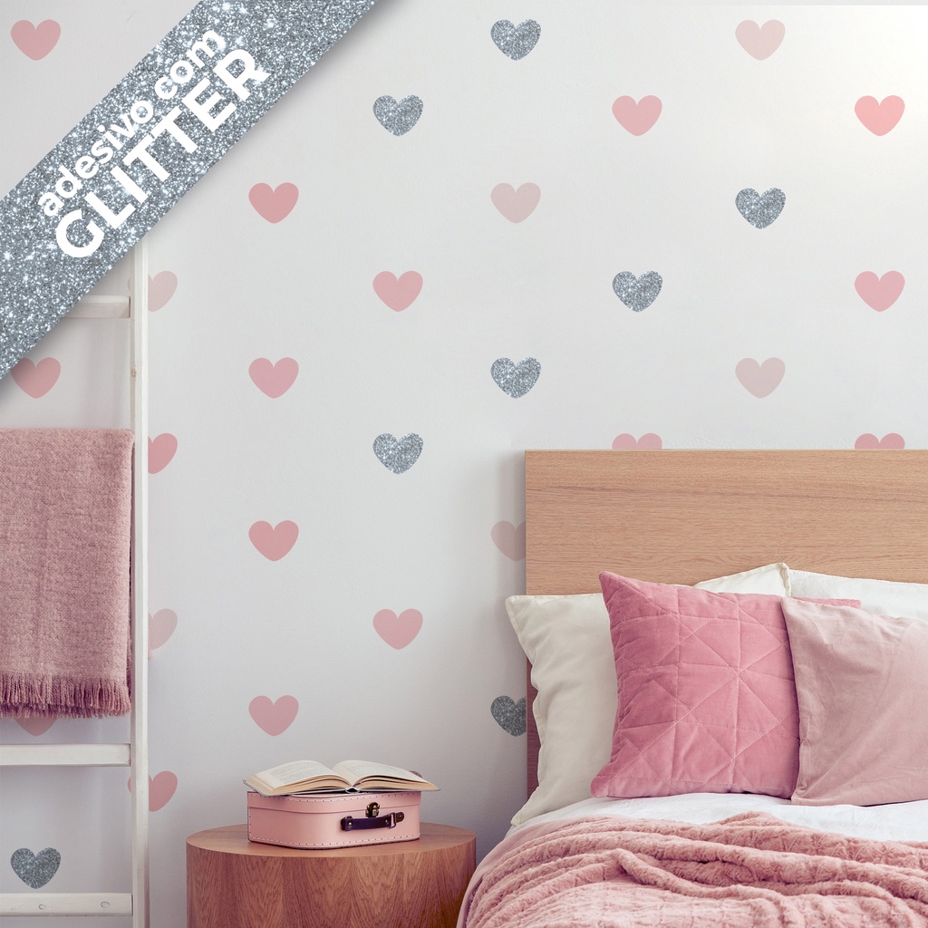 Adesivo de Parede Corações Tons de Rosa Glitter 60un
