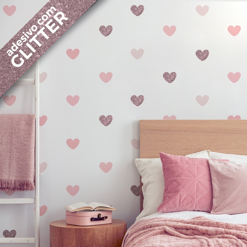 Adesivo Parede Corações Quarto Menina Tons  Rosa  Rosê Glitter 55un Cobre
