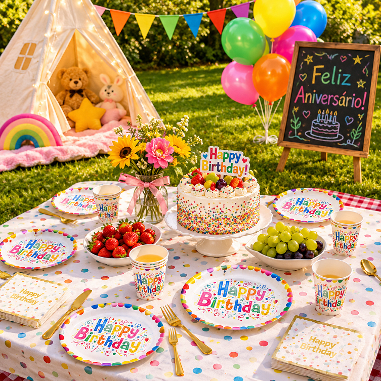 Kit Festa Happy Birthday com 81 Peças, incluindo Pratos, Copos, Talheres, Guardanapos e Toalha de Mesa.