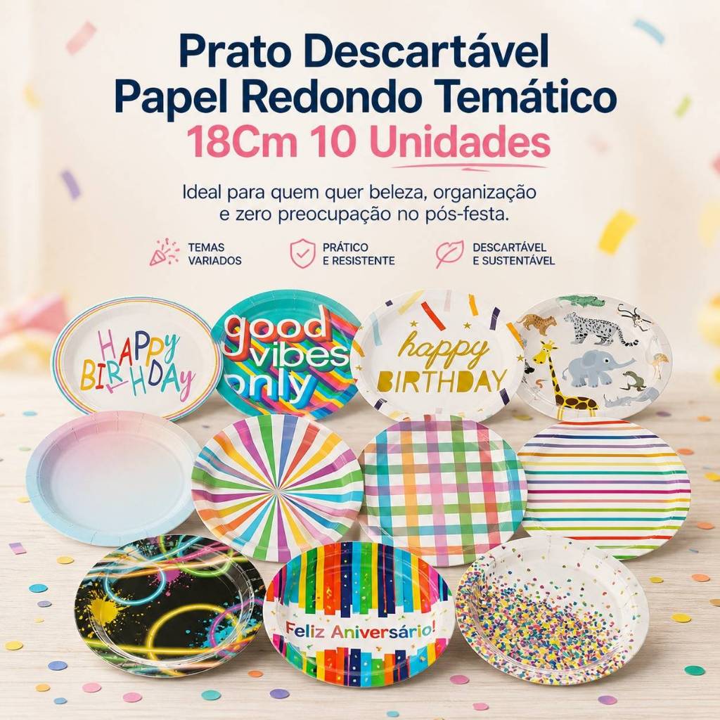 Prato Descartável Papel Redondo Temático 18Cm 10 Unidades Silver Festas