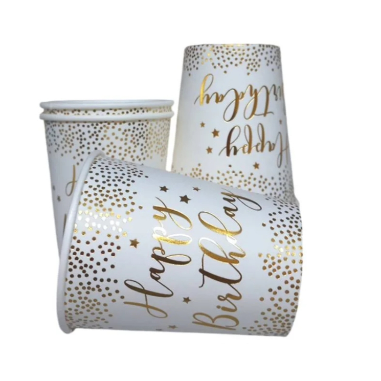 20 Copos de Papel 270ml Descartável Happy Birthday Dourado Ou Prateado