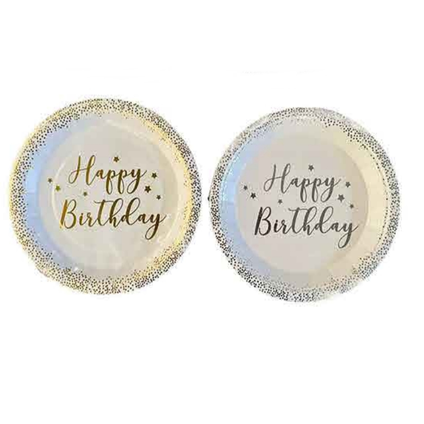 20 x Pratos Papel Descartáveis 18,5 cm Happy Birthday Luxo Dourado Ou Prateado