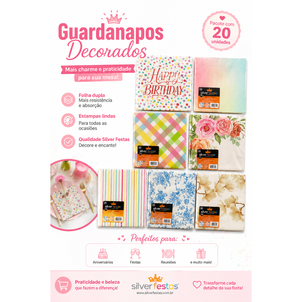 Guardanapo de Papel Estampado 20 Unidades – Floral, Listrado, Xadrez e Happy Birthday