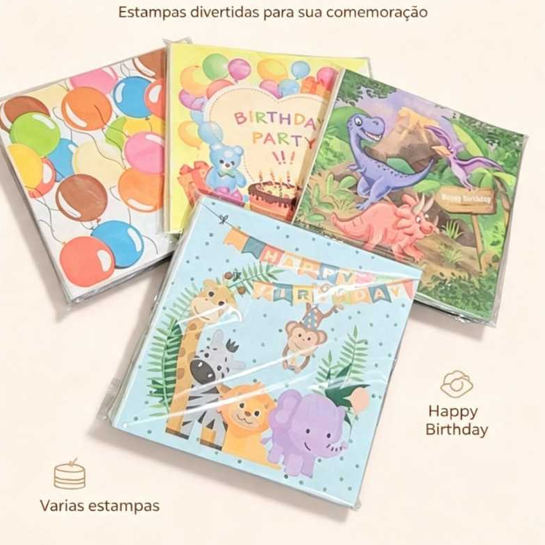 Guardanapos Decorados de Papel  Luxo -  Safari - Birthday Party -  Balões - Dinossauro Pacote  20 Unidades   Para Festa