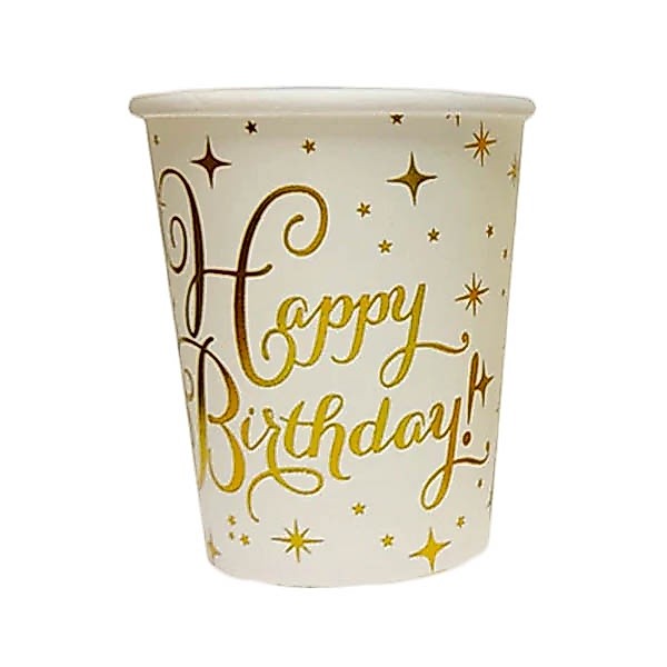 Kit 10 Copos 270ml Papel Happy Birthday Dourado Branco