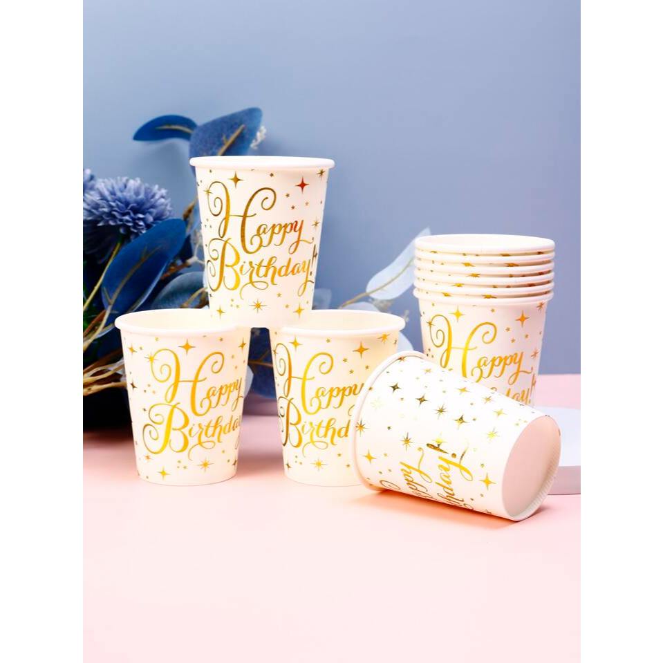 Kit 50 Copos 270ml Papel Happy Birthday Dourado Branco