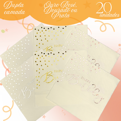 Guardanapo De Papel Folha Dupla 20 Un Metalizado Happy Birthday