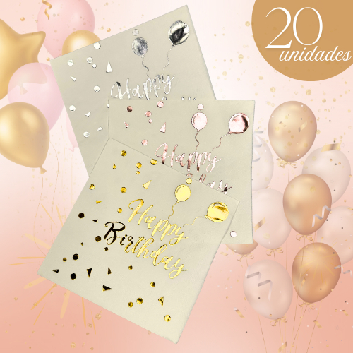 Guardanapo De Papel Folha Dupla 20 Un Happy Birthday Ballon Metalizado