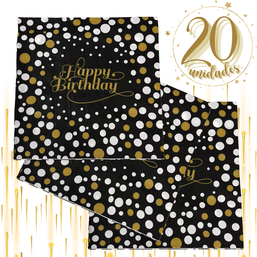 Guardanapo De Papel Folha Dupla 20 Un Happy Birthday Gold Preto