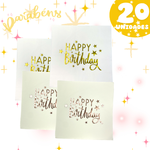 Guardanapo De Papel Folha Dupla 20 Un Happy Birthday Metalizado Mesa Posta