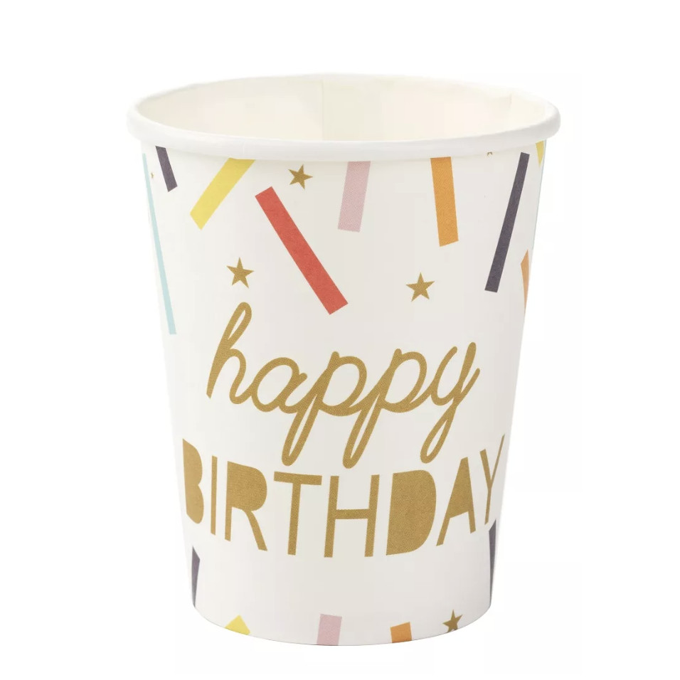 10 Copos de Papel Happy Birthday Confetes 270 ml Silver Festas - Inspire sua Festa Loja
