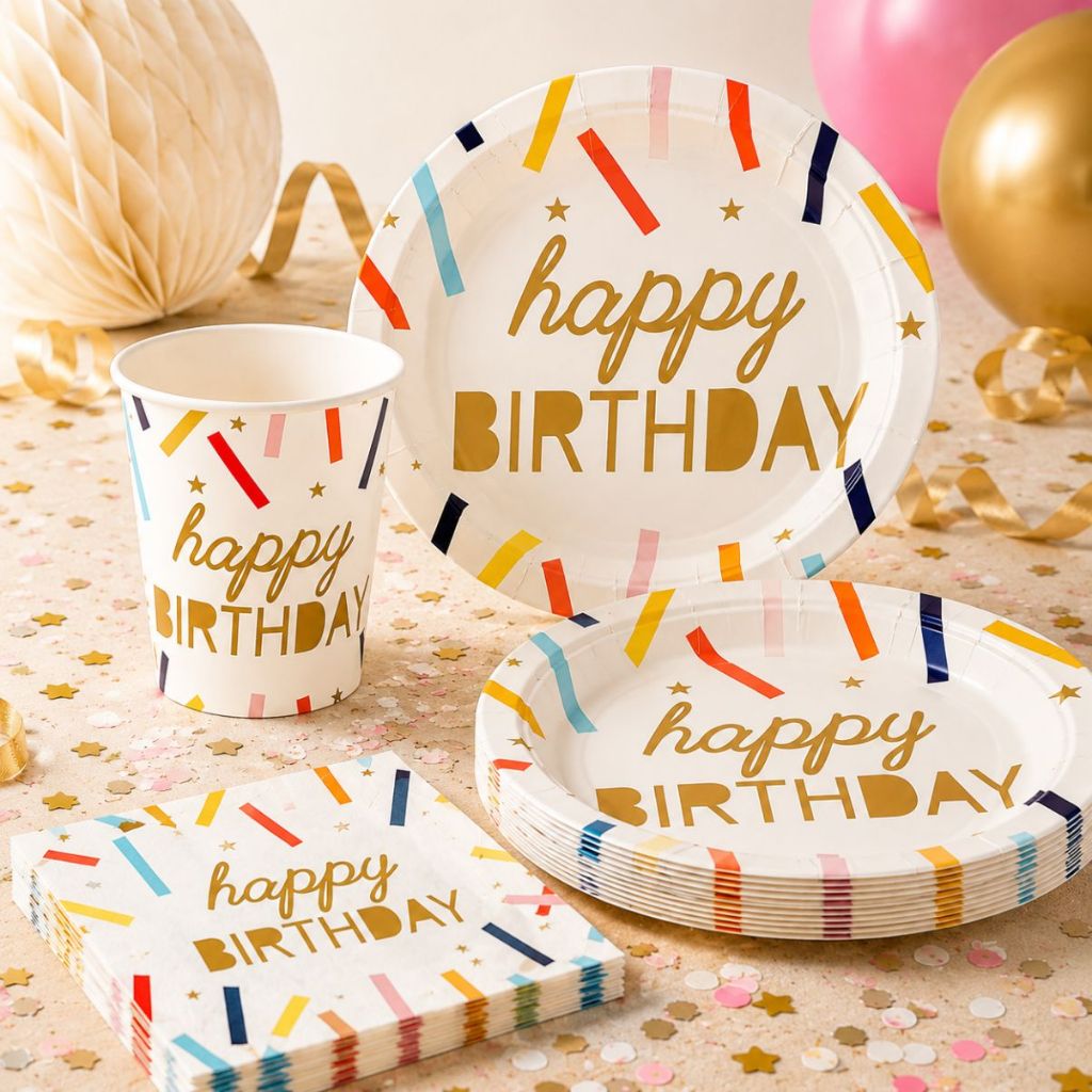 Kit Festa Happy Birthday Confetes Copos, Pratos e Guardanapos descartáveis para aniversário 40, 80 e 120 peças