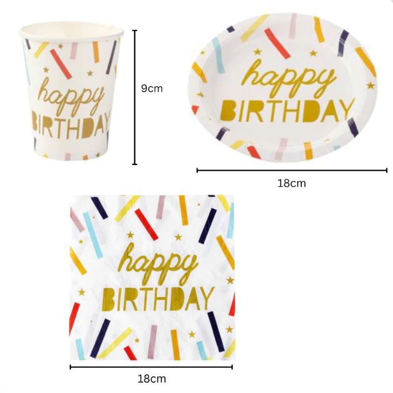 Kit Festa Happy Birthday | Copo + Prato + Guardanapo Descartáveis Completo | Ideal Para Comemorações