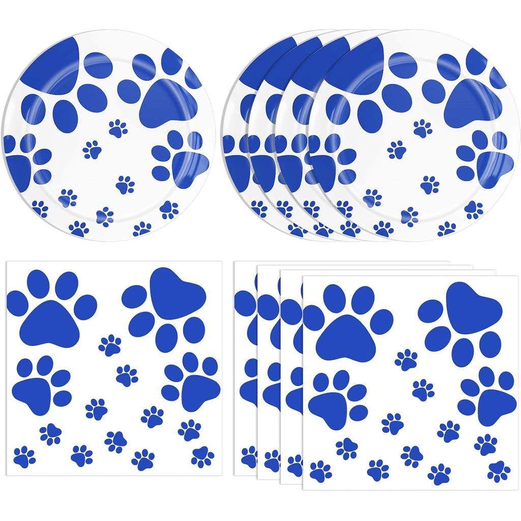 40PCS Blue Paw Print Party Supplies Dog Themed Birthday decorations Disposable Tableware Including Plates Napkins for Do