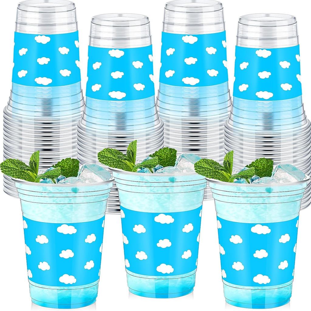 Willinglong 36 Pcs Blue Sky White Clouds Birthday Party Supplies 12 oz Cartoon Story Plastic Thick Clear Cups Disposable