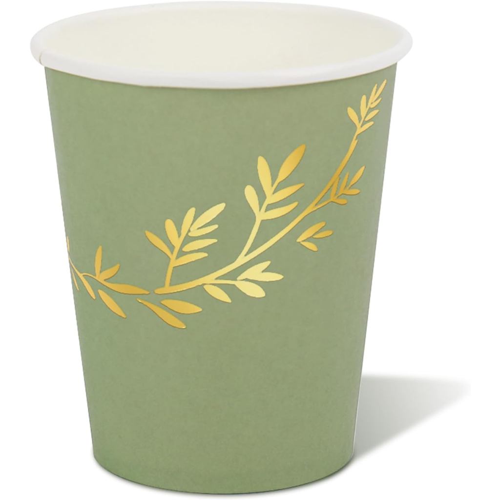 Whaline 50Pcs Sage Green Paper Cups 9 oz Drinking Cup Gold Foil Leaves Disposable Coffee Cups for Wedding Birthday Baby