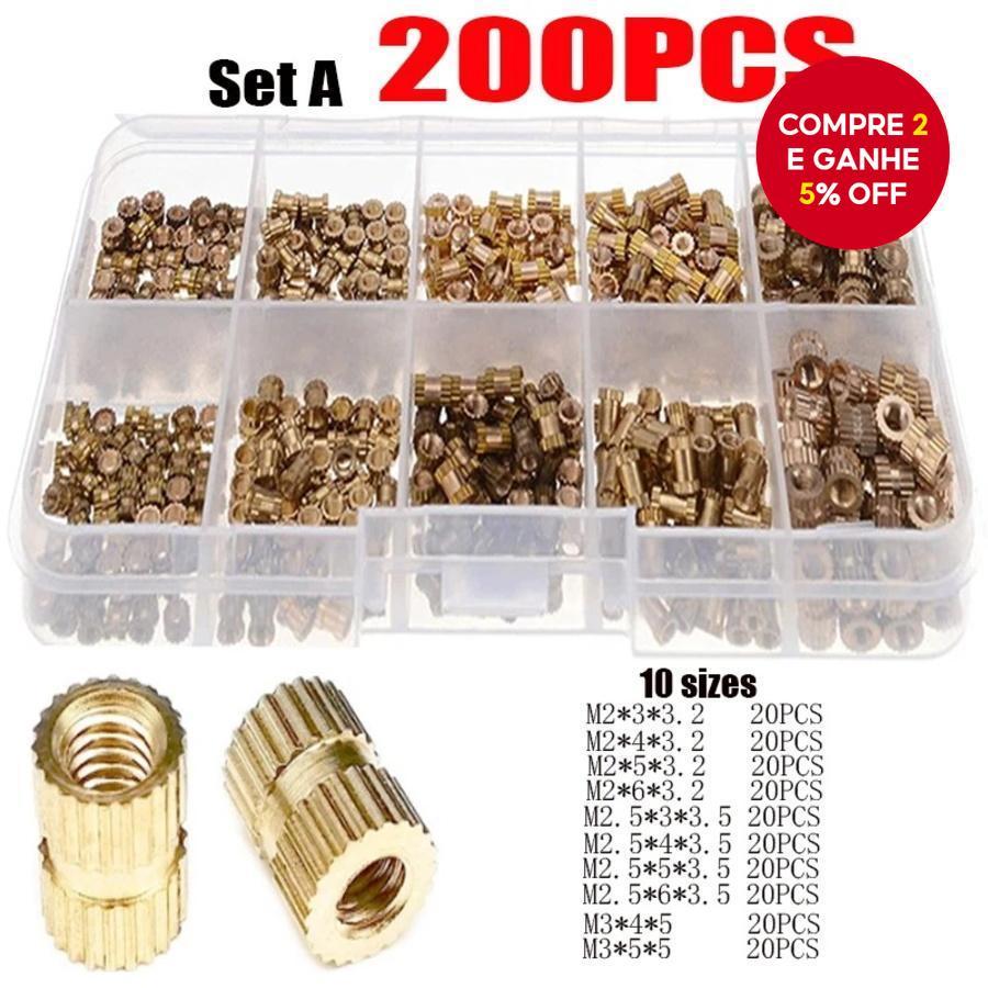 Um Conjunto De 200 Peças Kit De Porcas De Inserção Rosqueadas De Latão , M2 M2.5 M3 Knurl Fixador Embutido Variedade Fêm