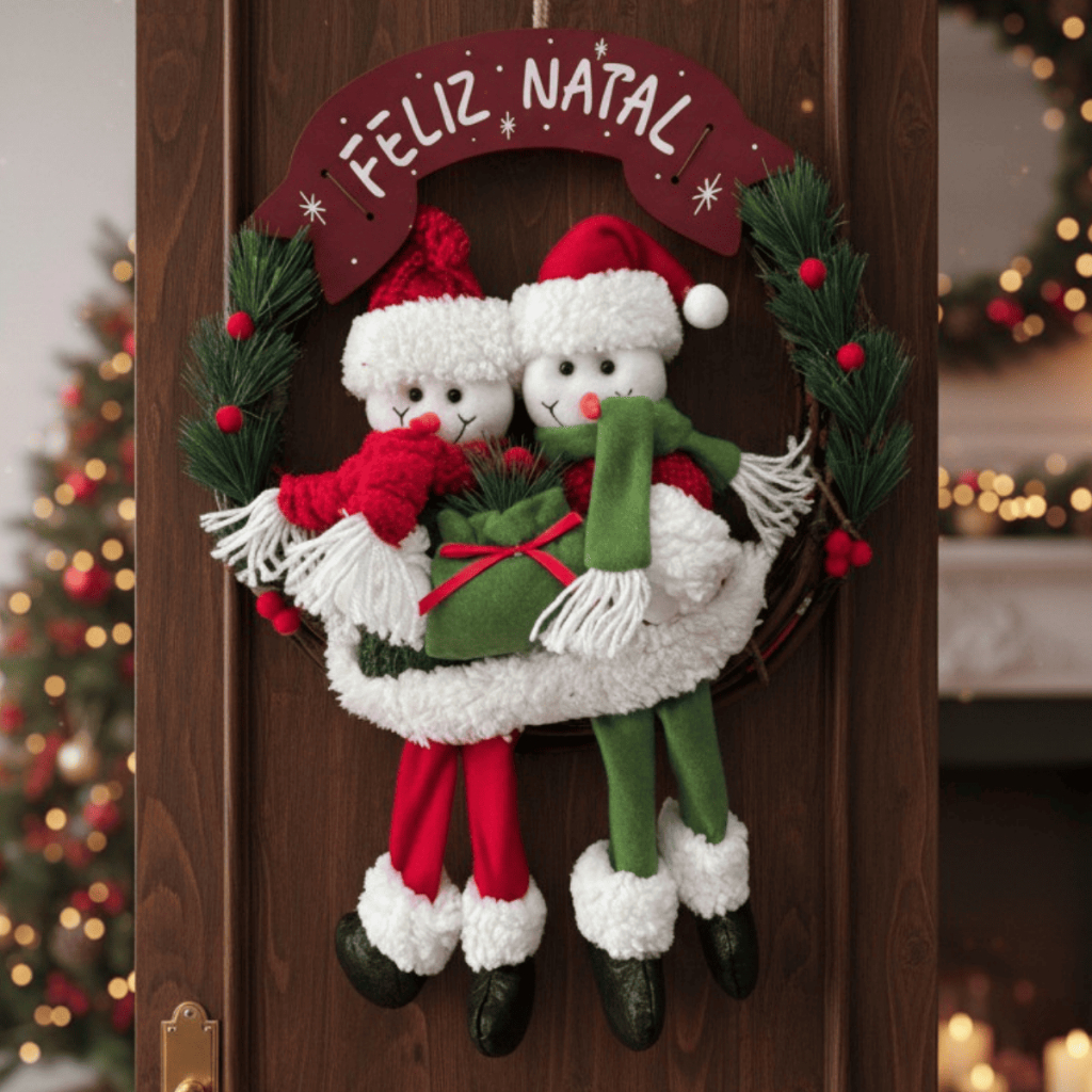 Guirlanda Enfeite Decoração Para Porta Arvore De Natal Bonecos de Neve Verde Pendurável 35CM
