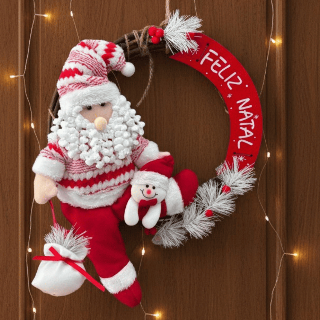 Guirlanda Enfeite Decoração Para Porta Arvore De Natal Papai Noel Branco Pendurável 35CM