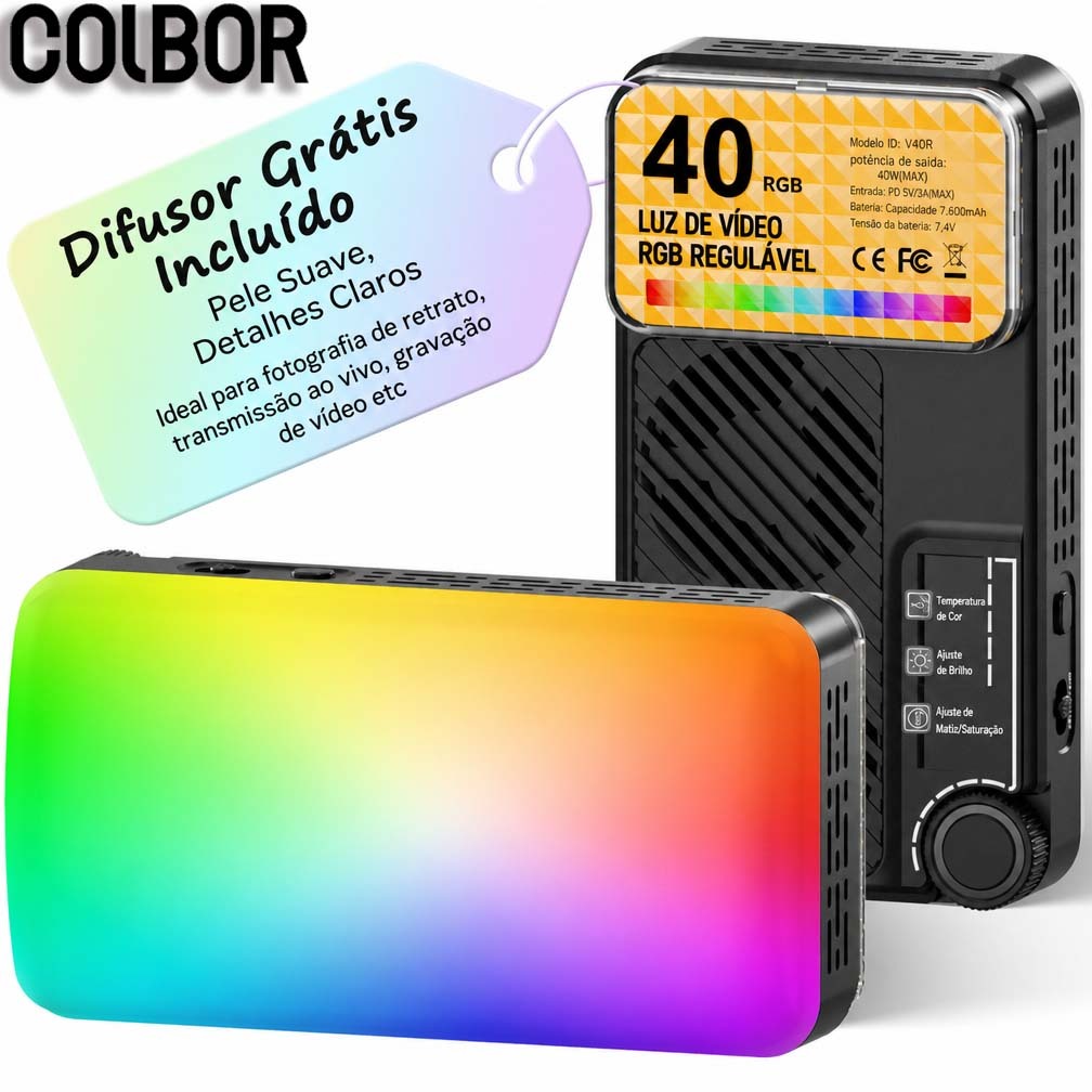 Lluminacao Profissional Foto Video RGB 40W Difusor Carregamento USB C Controle App CRI97 Sony Canon Moman