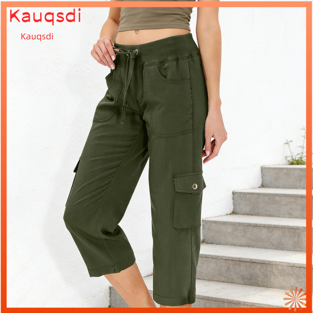Machine Washable Pants Women Cropped Women’s Summer with Adjustable Waist Breathable Stretchy Fabric Mid-calf Length P
