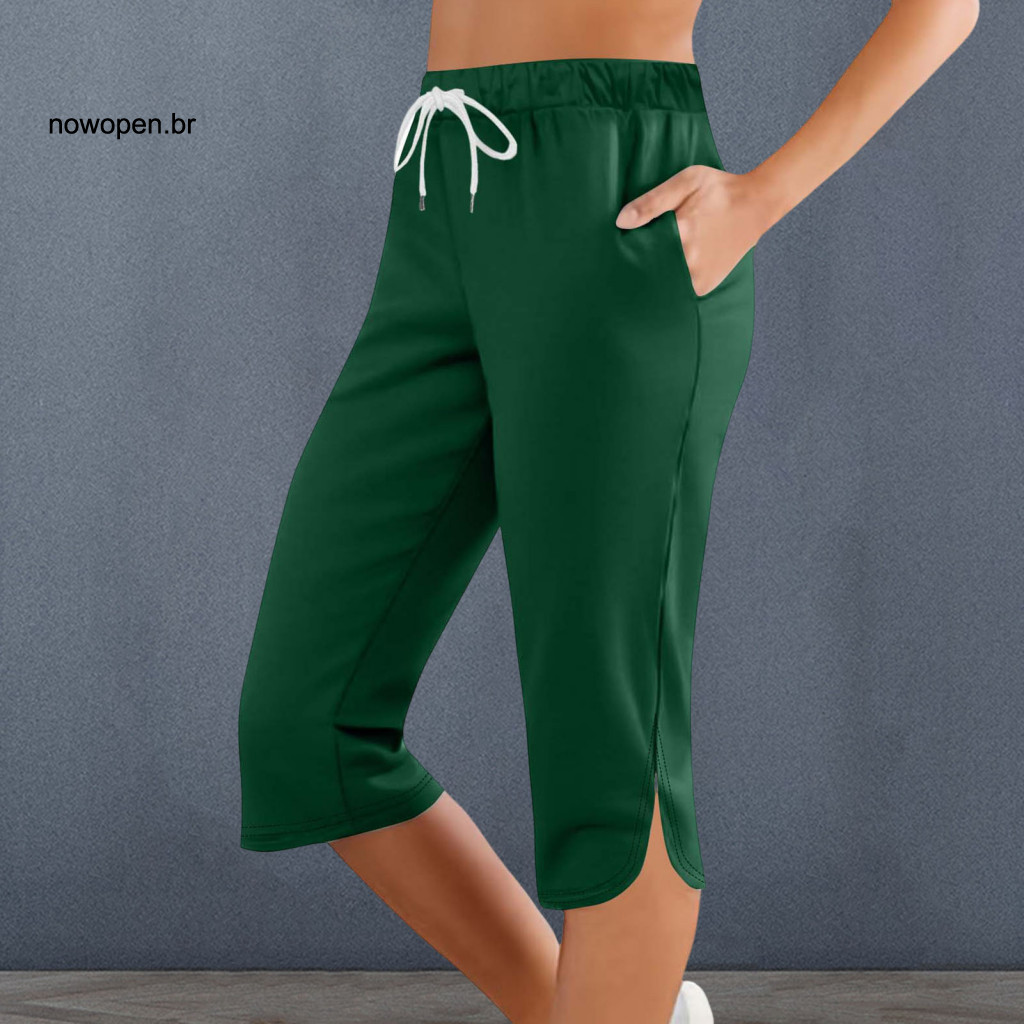 Women Cropped Pants Comfortable Wear Women’s with Elastic Waist and Adjustable Drawstring Mid-calf Length Solid Color