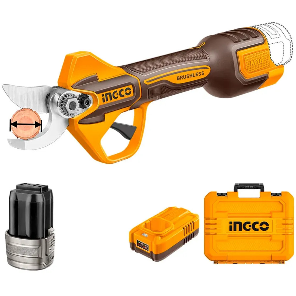 TESOURA DE PODA BRUSHLESS 25MM A BATERIA 16V LINHA M16 C.2 BATERIAS 2.0AH INGCO CSSLI162582-9