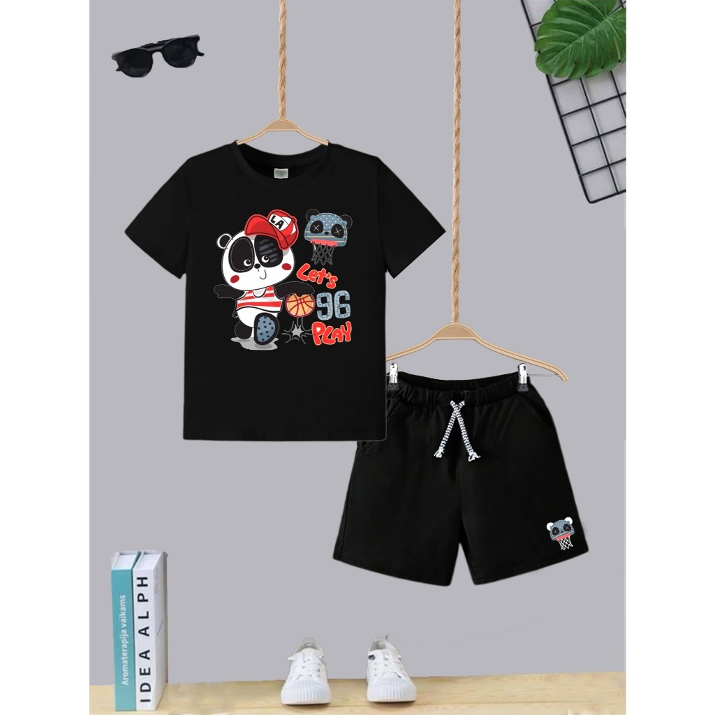 Kit Conjunto Infantil Short Com Bolso e Camiseta Algodão Urso Basquete Moda Teen Kids Juvenil