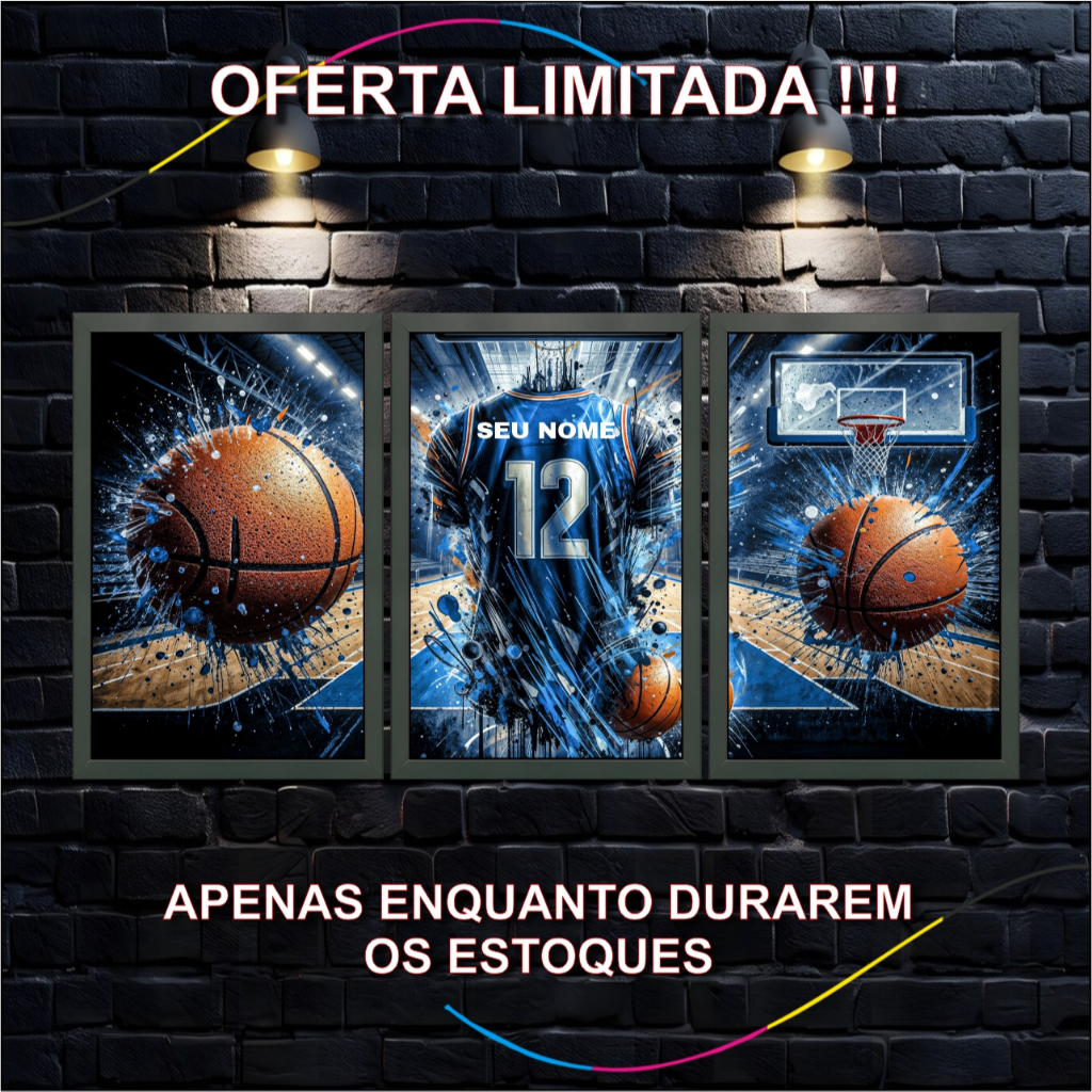 Quadro Decorativo Triplo Basquete, Personalizado com Nome, Azul, Estilo Artístico, 3 Peças, infantil