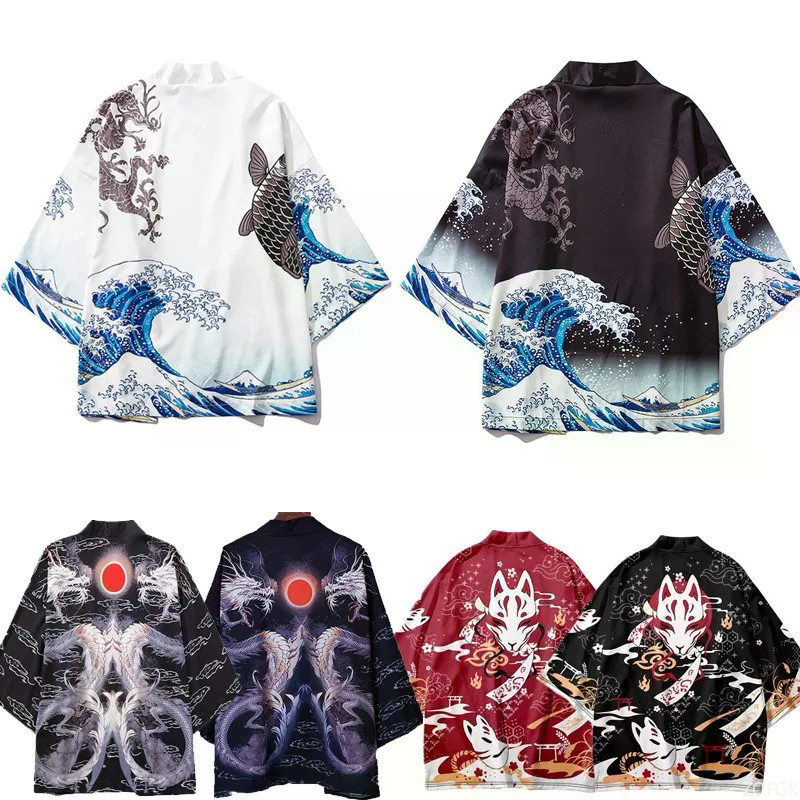 Jaqueta De Tecido De Penas Multipadrão Estilo Japonês Com Surf Kanagawa , Apresentando Uma Impressão digital Completa Do