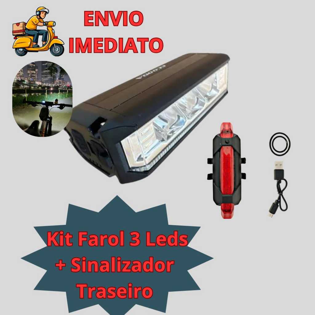 Farol Bike 3 Leds 9.000 Lumens e Lanterna Sinalizador Traseiro  Recarregável Usb 4 Modos Ciclismo
