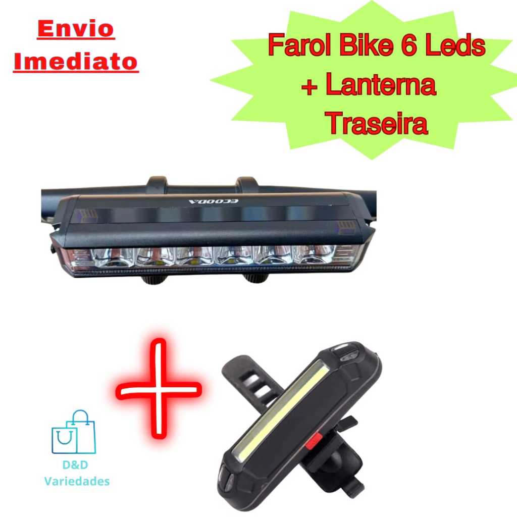 Farol Bike 6 Leds 18.000 Lumens Profissional + Led Sinalizador Traseiro 100 Lumens Usb