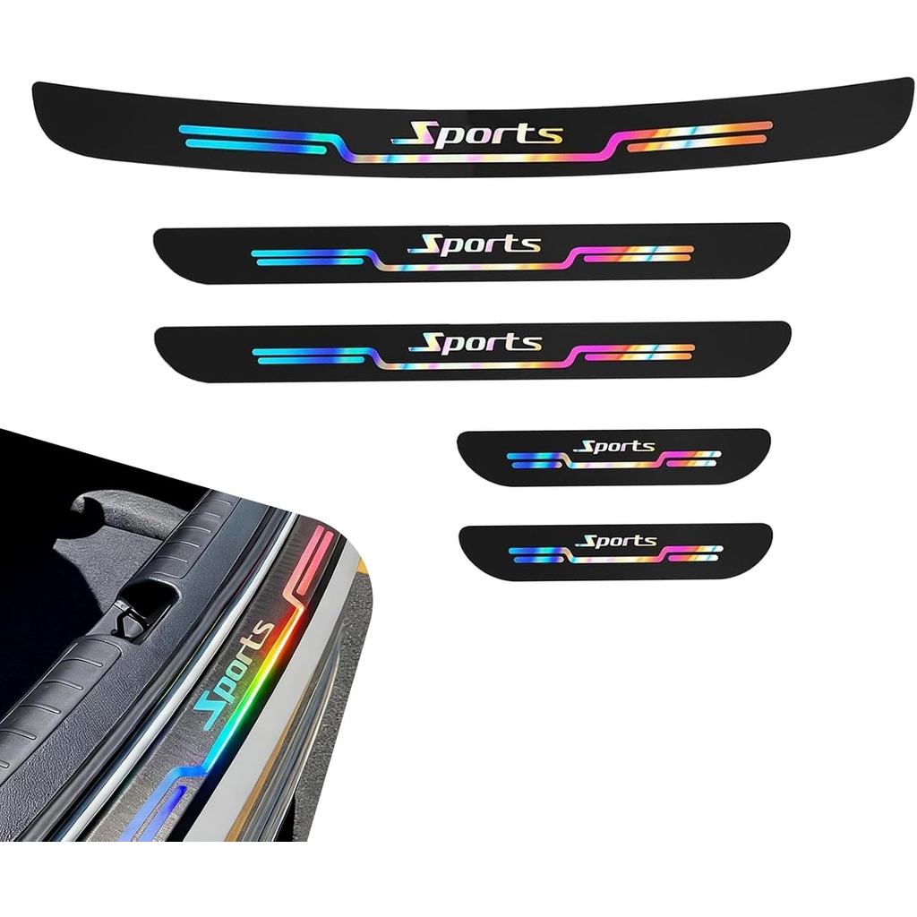 5 PCS Laser Sport Style Car Door Sill Protector, Anti-Scratch Waterproof Threshold Scuff Plate, Front Rear Door & Trunk