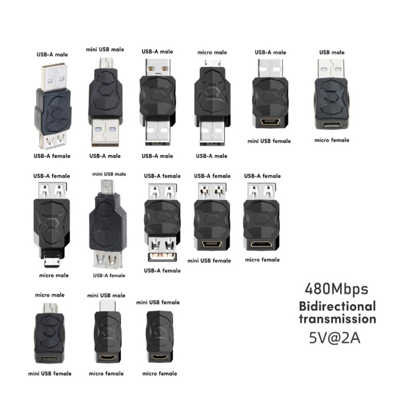 Adaptador De Transmissão USB Bidirecional blg 480Mbps USB2 0 Micro Mini Conector Conversor Macho Fêmea