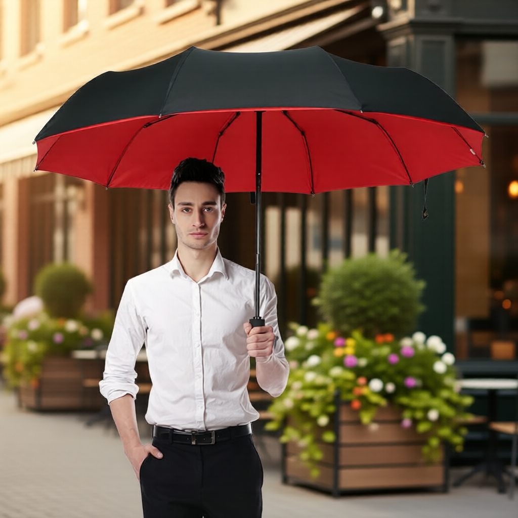 Guarda-chuva Automático Grande para 3 Pessoas, Dobrável para Chuva/Sol, Tecido Duplo Preto