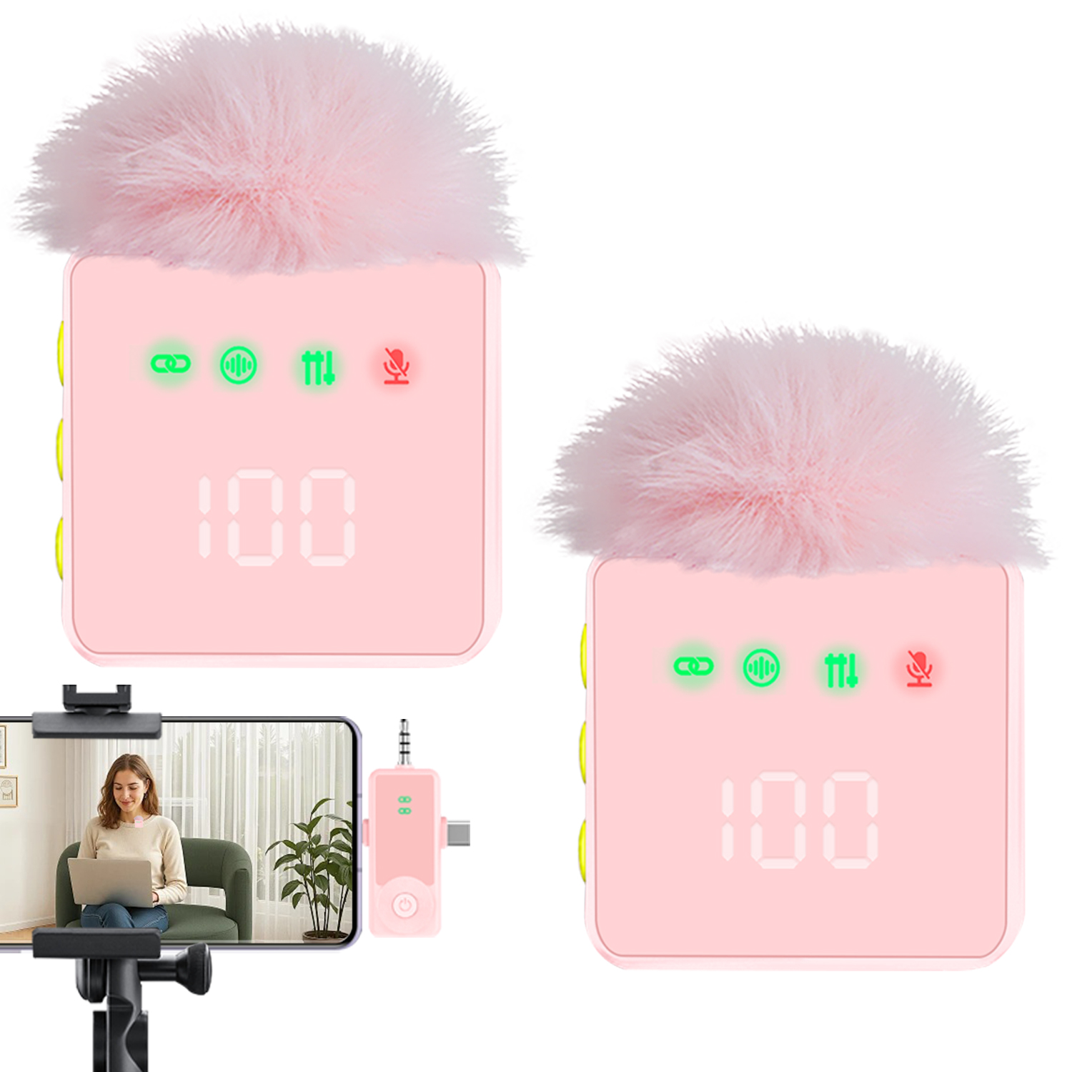 Microfone De Lapela Sem Fio Rosa Com Transmissor Duplo Conjunto De Para 2 Pessoas