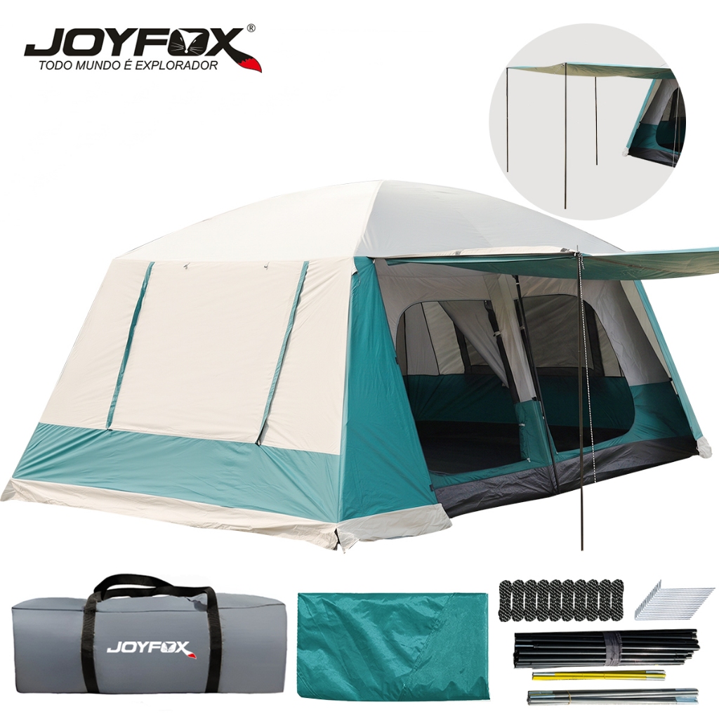 Barraca Camping 12 16 Pessoas Grande Duplo Quarto Impermeável 5000mm Com Varanda E Cobertura Total