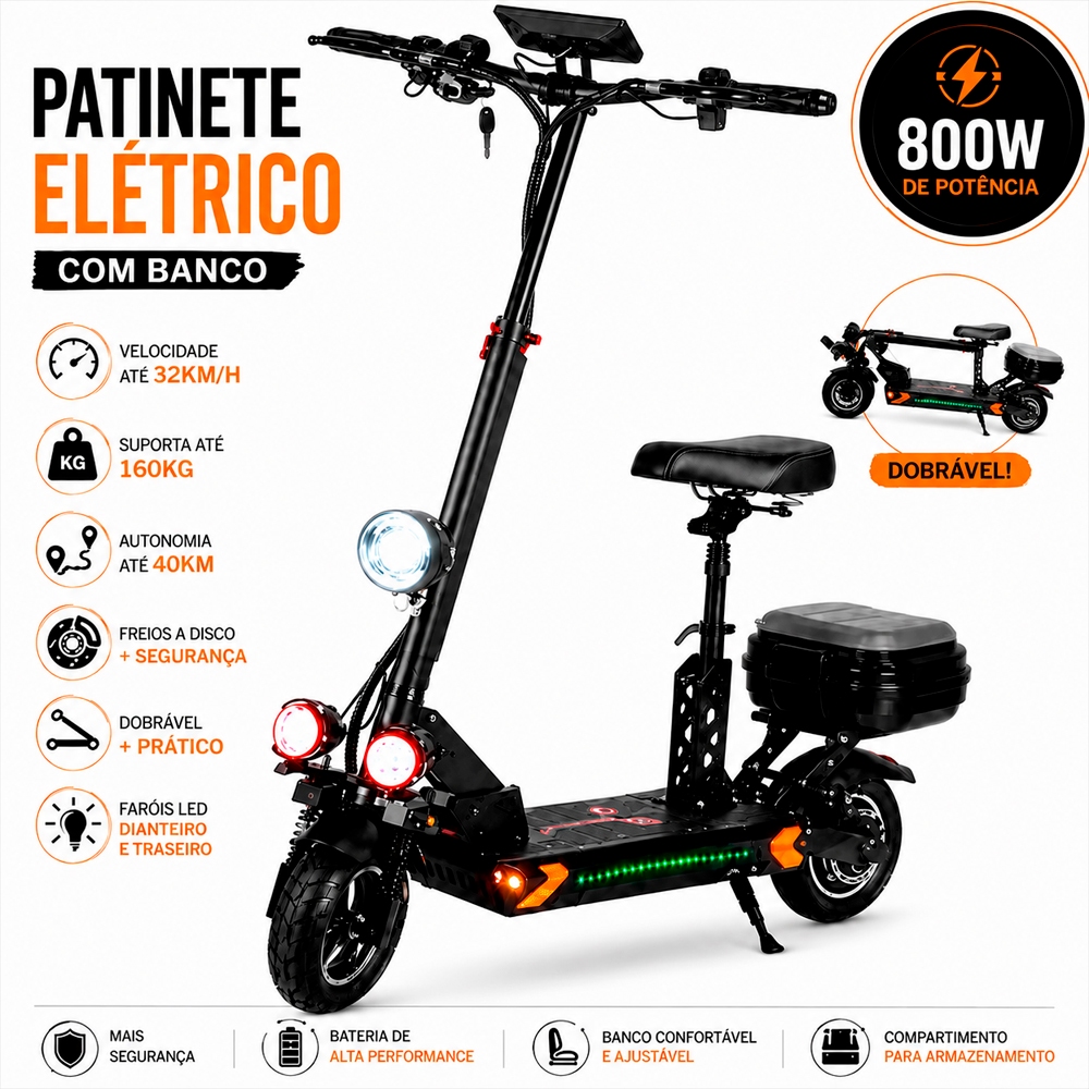 Scooter Elétrica Dobrável 800w para Adultos com Assento Duplo 2 Pessoas Para Passeios e Viagens