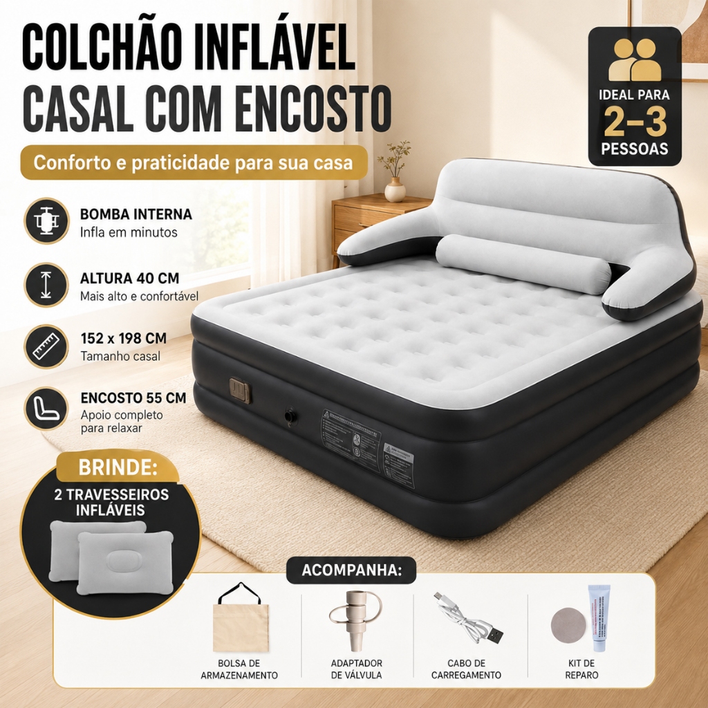 Colchão Inflável Duplo Portátil Casal com Encosto e Bomba Interna, Cama de Ar 2-3 Pessoas, Fácil de Montar e Transportar