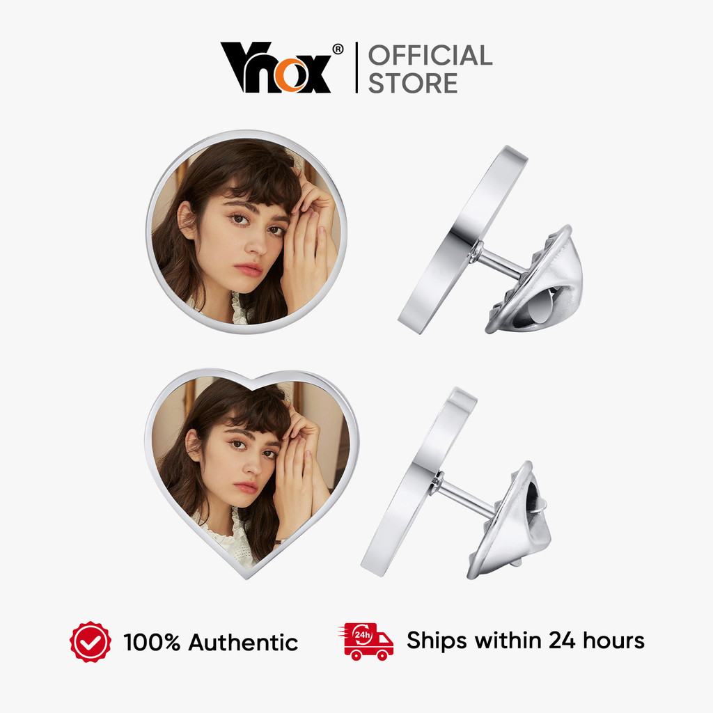 Vnox Stainless Steel Photo Brooch Custom Round/Heart Shaped Personalized Pin for Women Men